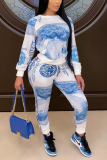Blue Casual Print Patchwork O Neck Long Sleeve Two Pieces