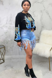 White O Neck Long Sleeve Letter Long Sleeve Tops