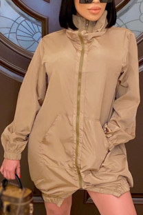 Khaki Fashion Casual Adult Solid Patchwork Turtleneck Long Sleeve Mini A Line Dresses