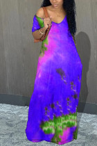 purple Milk. Fashion adult Ma'am Street Cap Sleeve Short Sleeves V Neck Pencil Dress Floor-Length Tie and dye Dresses