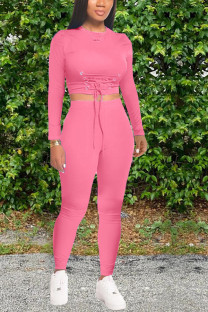 rose red Casual Solid Straight Long Sleeve Two Pieces