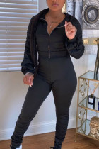 Black Sexy Twilled Satin Solid Fold Hooded Collar Long Sleeve Regular Sleeve Short Two Pieces