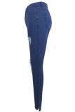 Blue Denim Zipper Fly Sleeveless Mid Hole Patchwork Beading Solid Old pencil Pants Pants
