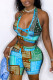 Sky Blue Sexy Print Hollowed Out Patchwork Halter Sleeveless Two Pieces