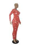 Red Living Print V Neck Skinny Jumpsuits