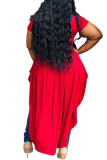 Red Fashion Sexy adult Ma'am Turndown Collar Patchwork Solid asymmetrical Stitching Plus Size