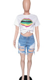 Black White Black Light Blue Denim Zipper Fly Mid Solid Hole pencil Capris Bottoms