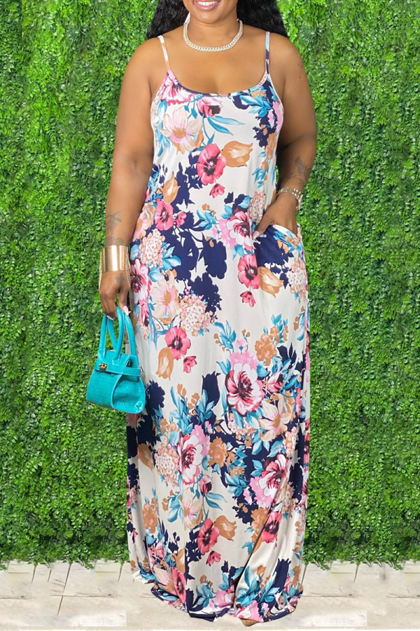 White Sexy Print Patchwork Spaghetti Strap Straight Dresses