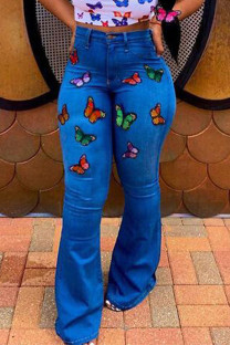 Dark Blue Sexy Embroidery Embroidered High Waist Boot Cut Denim