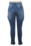 Blue Denim Button Fly Sleeveless High Hole Patchwork Pocket washing Solid pencil Pants 