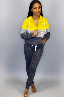 Yellow knit Sexy Solid Patchwork Two Piece Suits Straight Long Sleeve Two-piece Pants Set