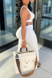 White Casual Sportswear Solid Backless Boat Neck Sleeveless Two Pieces