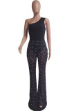 Black Fashion Sexy Patchwork See-through One Shoulder Skinny Jumpsuits