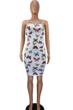 White Sexy Spaghetti Strap Sleeveless Slip Step Skirt Mini Print Patchwork backless Dresses