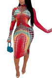 Red Milk. Fashion adult Ma'am Street Cap Sleeve Long Sleeves O neck Step Skirt Knee-Length Print Dresses