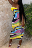 Colour Sexy Print Patchwork Strapless Pencil Skirt Dresses