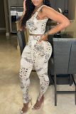 White Sexy Print Patchwork U Neck Sleeveless Two Pieces