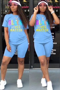 Blue Fashion Casual Letter Print Two Piece Suits Straight Short Sleeve Two Pieces