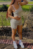 Grey Fashion Casual Solid Backless One Shoulder Sleeveless Two Pieces