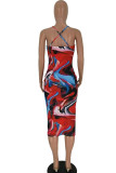 Red Sexy Fashion adult Spaghetti Strap Sleeveless Slip Step Skirt Mid-Calf Print backless Patc