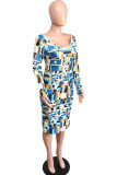 Light Blue Sexy England Off The Shoulder Long Sleeves One word collar Step Skirt Knee-Length Print Dresses