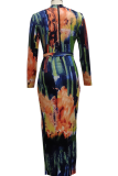 Multicolor Sexy Print Patchwork Zipper Collar Pencil Skirt Dresses