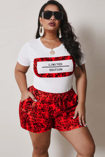 Red Fashion Casual adult Ma'am O Neck Patchwork Print Two Piece Suits Stitching Plus Size