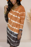 Brown Casual Print O Neck Long Sleeve Knee Length A Line Dresses