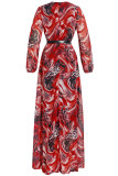Red Elegant Print Patchwork V Neck Long Sleeve Plus Size Dresses