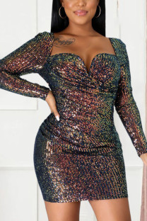Brown Sexy Street Print Embroidered Sequins Backless V Neck Pencil Skirt Dresses