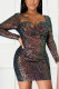 Brown Sexy Street Print Embroidered Sequins Backless V Neck Pencil Skirt Dresses