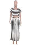 Blue White Fashion Casual Striped Print Basic O Neck Short Sleeve Two Pieces