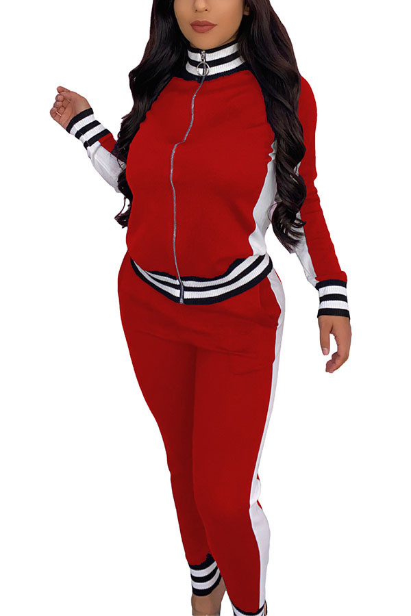Red Casual Sportswear Spandex Blends Patchwork Solid Patchwork Pants Zipper Collar Long Sleeve Regular Sleeve Regular Two Pieces