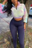 Green Street Woolen Print Tie-dye Zipper Collar Long Sleeve Regular Sleeve Short Two Pieces