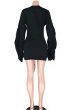 Red Casual Bubble sleeves Long Sleeves O neck Hip skirt skirt ruffle Solid hollow out Patchwor