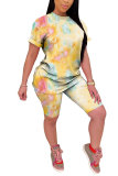 Powder blue Fashion Casual adult Patchwork Print Tie Dye Gradient Two Piece Suits pencil Short Sleeve Two Pieces