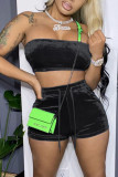 Yellow Sexy Pleuche Patchwork Solid Patchwork Vests Strapless Sleeveless Short Two Pieces