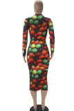 Yellow Fashion Casual Adult Print Patchwork O Neck Long Sleeve Knee Length A Line Dresses