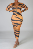Tiger Pattern Sexy Animal Print Patchwork Zipper Collar Pencil Skirt Dresses