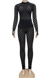 Red British Style Solid Hollowed Out See-through O Neck Long Sleeve Two Pieces