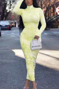 Yellow OL Long Sleeves Turtleneck Hip skirt Ankle-Length Print Draped Dresses