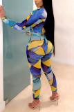 Multicolor Sexy Print O Neck Long Sleeve Two Pieces
