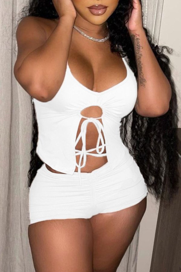 White Sexy Solid Bandage Backless Asymmetrical Halter Two Pieces