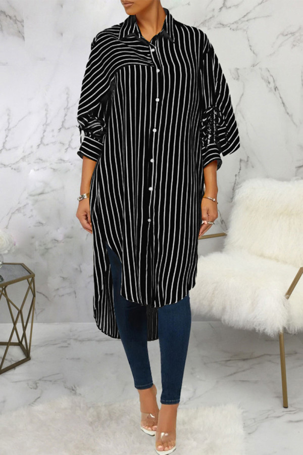 Black Sexy Striped Print Patchwork Turndown Collar Dresses