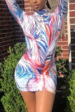 Multicolor Sexy Print O Neck Wrapped Skirt Dresses