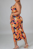 Orange Yellow Casual Print Bandage Patchwork U Neck Sleeveless Two Pieces