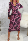 Purplish Red Sexy Print Patchwork Zipper Collar Pencil Skirt Dresses