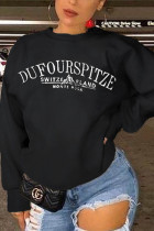 Black Street Letter Embroidered O Neck Tops