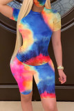 Multicolor Fashion Casual Print Basic O Neck Short Sleeve Two Pieces