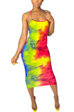 Green Fashion Sexy Green multicolor Off The Shoulder Sleeveless Slip Pencil Dress Mid-Calf backless Tie and dye Dresses
